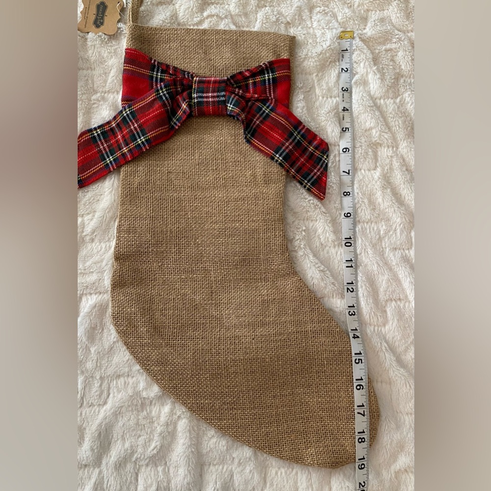 (2) Mud Pie Burlap and Red Tartan Plaid Christmas Stockings - Picture 5 of 7